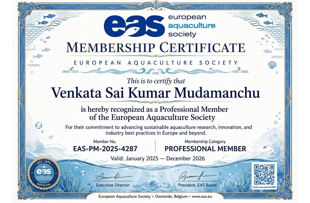 European Aquaculture Society membership certificate recognizing Venkata Sai Kumar Mudamanchu as a Professional Member