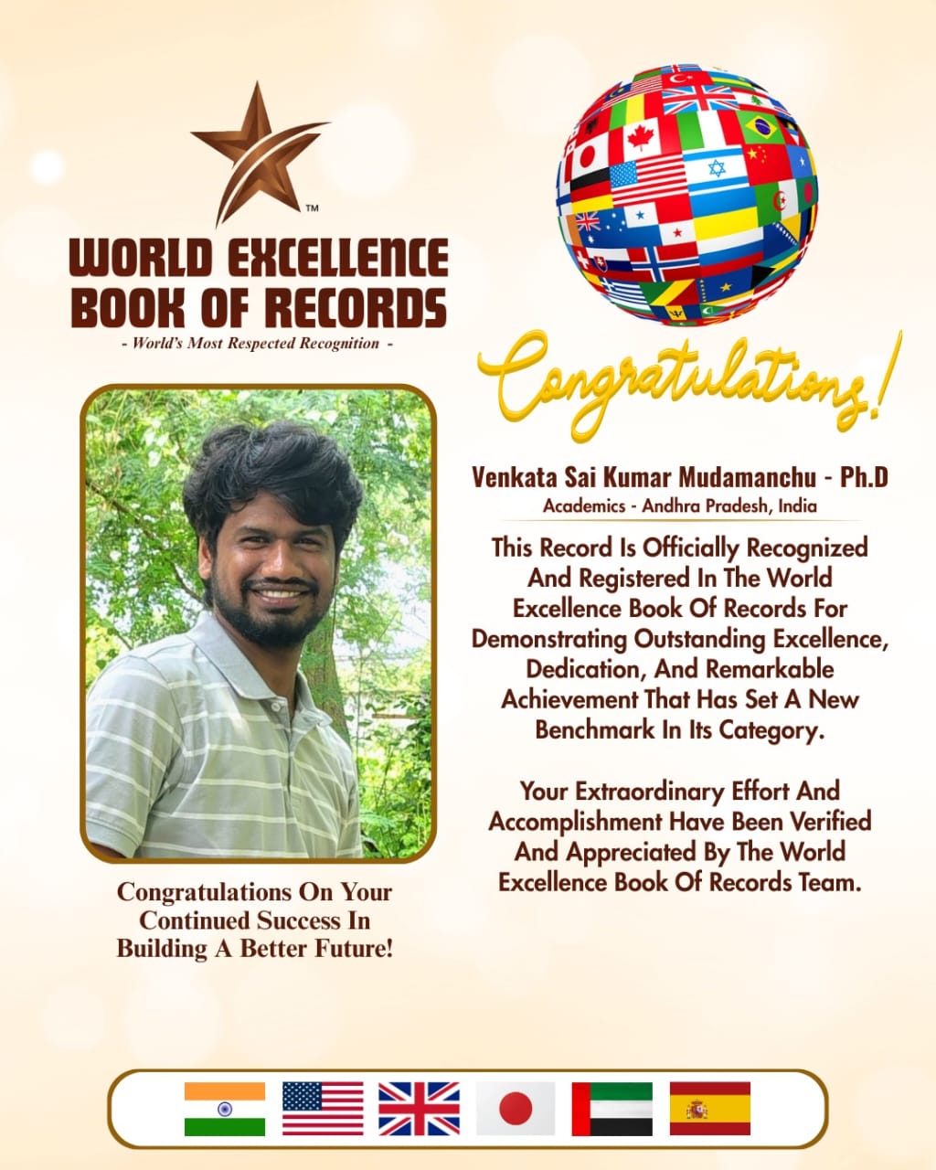 World Excellence Book of Records congratulatory certificate for Venkata Sai Kumar Mudamanchu - Ph.D, Academics, Andhra Pradesh, India