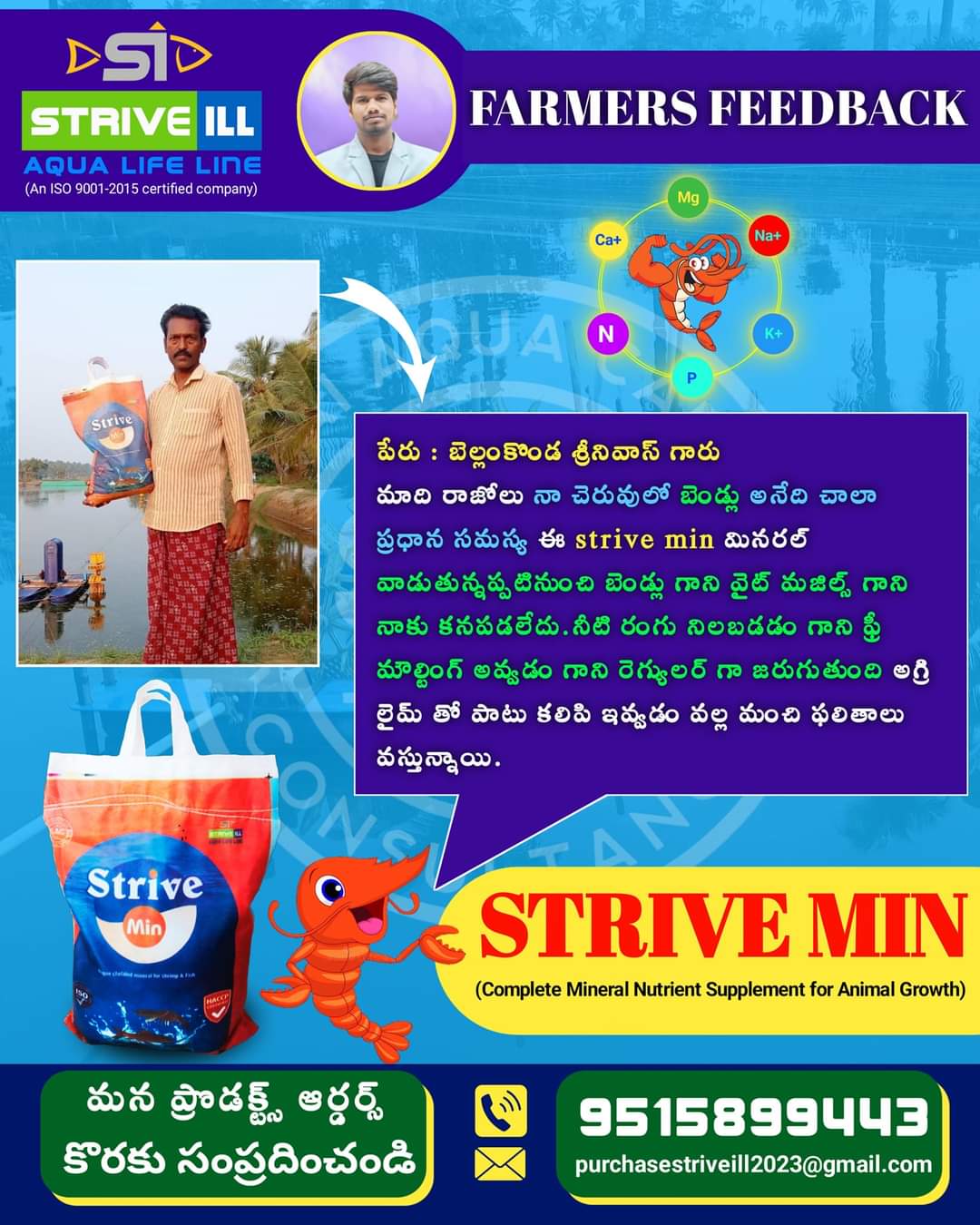 Farmer feedback poster – a farmer from Mandavalli sharing his Strive Min mineral supplement results