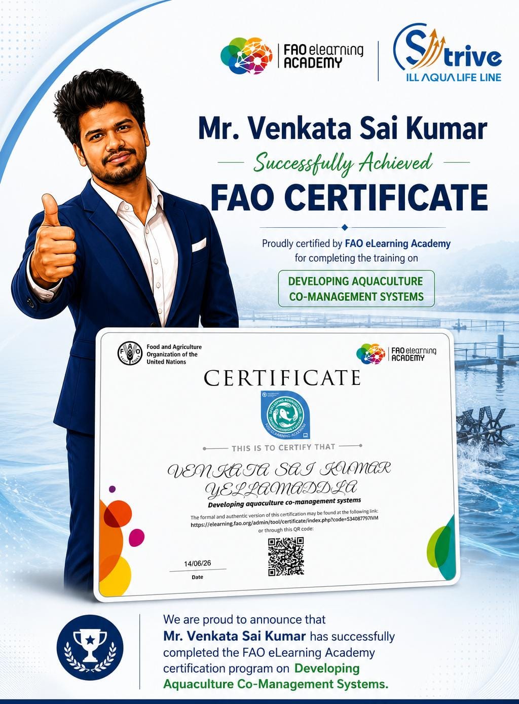 FAO eLearning Academy certificate – Developing Aquaculture Co-Management Systems, awarded to Mr. Venkata Sai Kumar